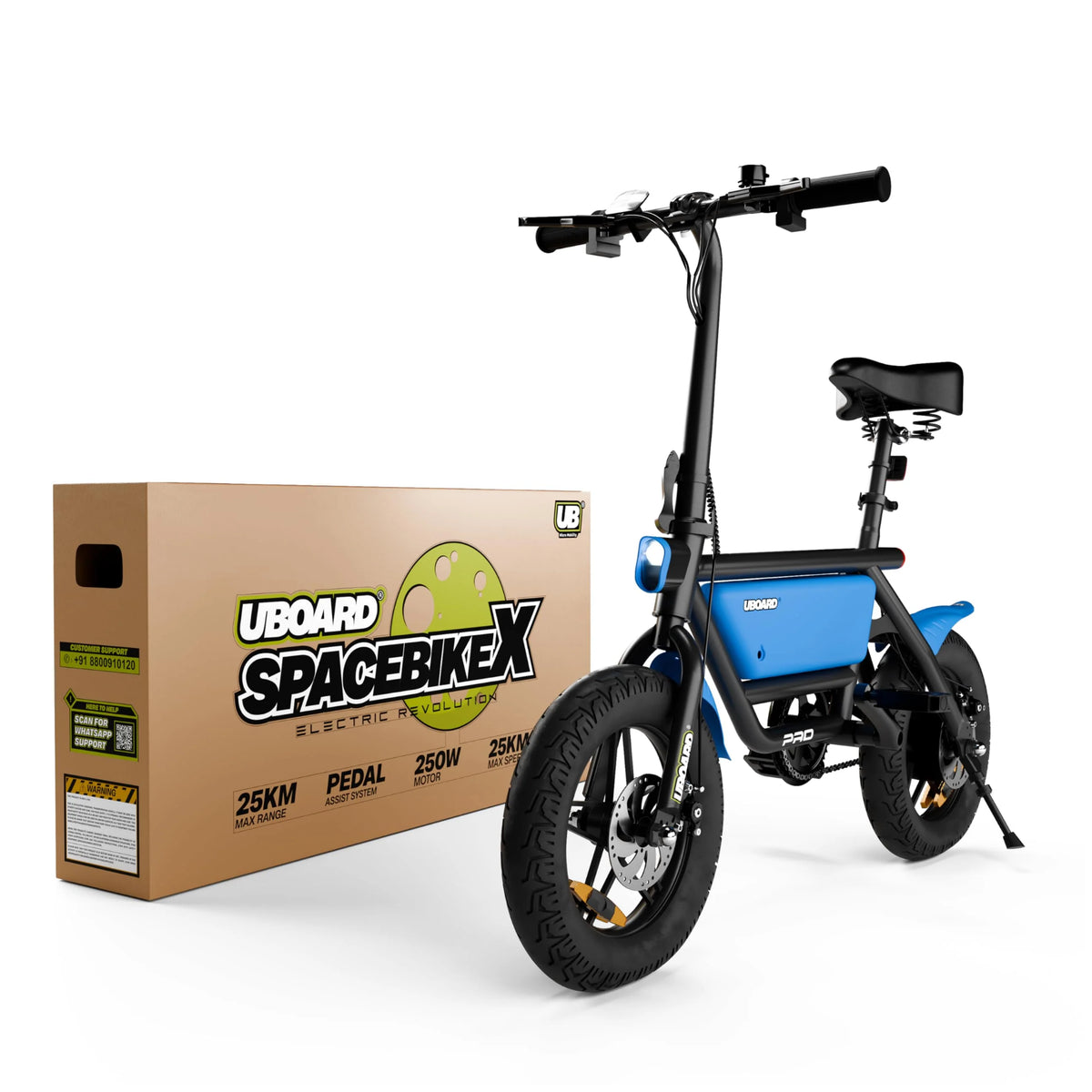 UBOARD Space Bike Pro blue electric cycle with product box