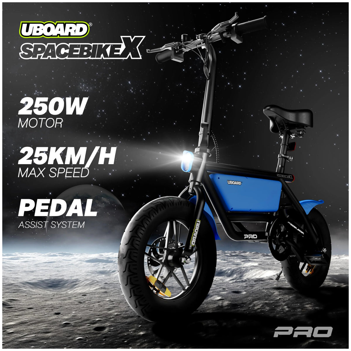 UBOARD Space Bike Pro blue electric cycle with 250W motor and 25 kmh max speed