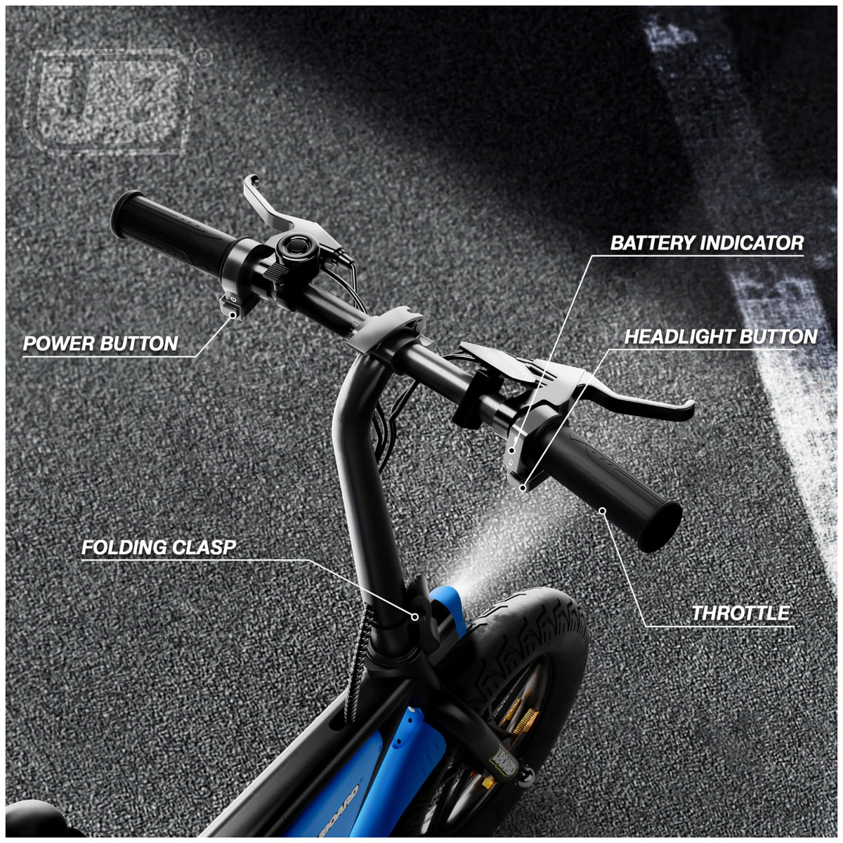 UBOARD Space Bike Pro blue folding electric cycle handlebar and folding features