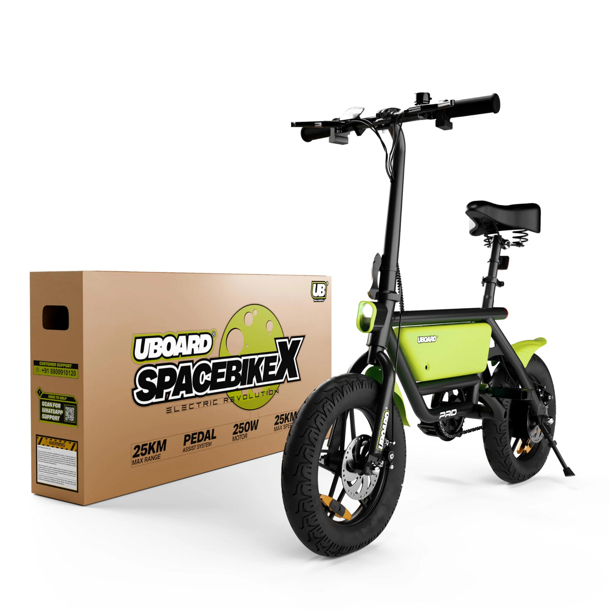 UBOARD Space Bike Pro green electric cycle with product box
