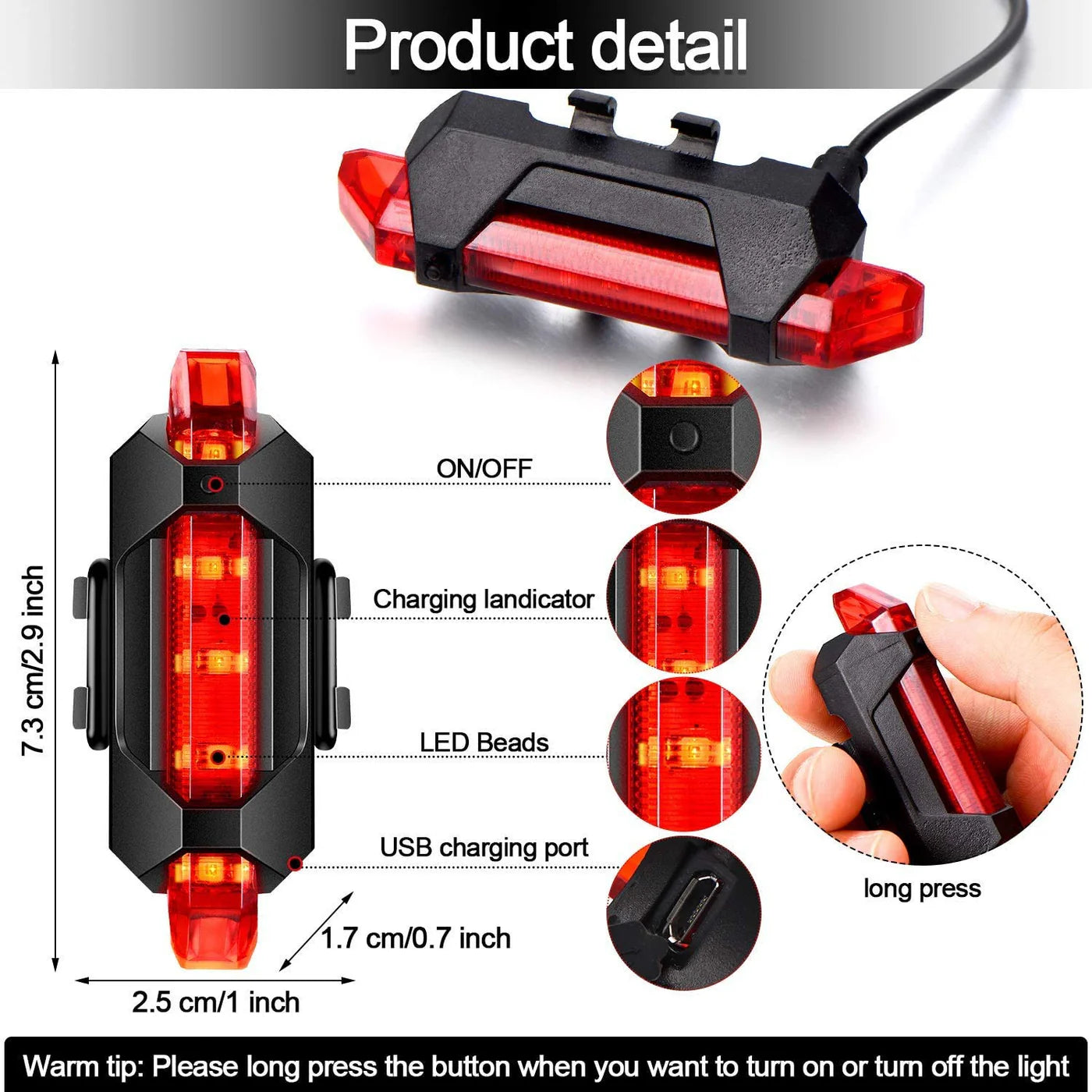 "Detailed view of USB rechargeable cycle rear light showing dimensions, LED beads, USB port, charging indicator, ON/OFF button, and long press operation instruction"

