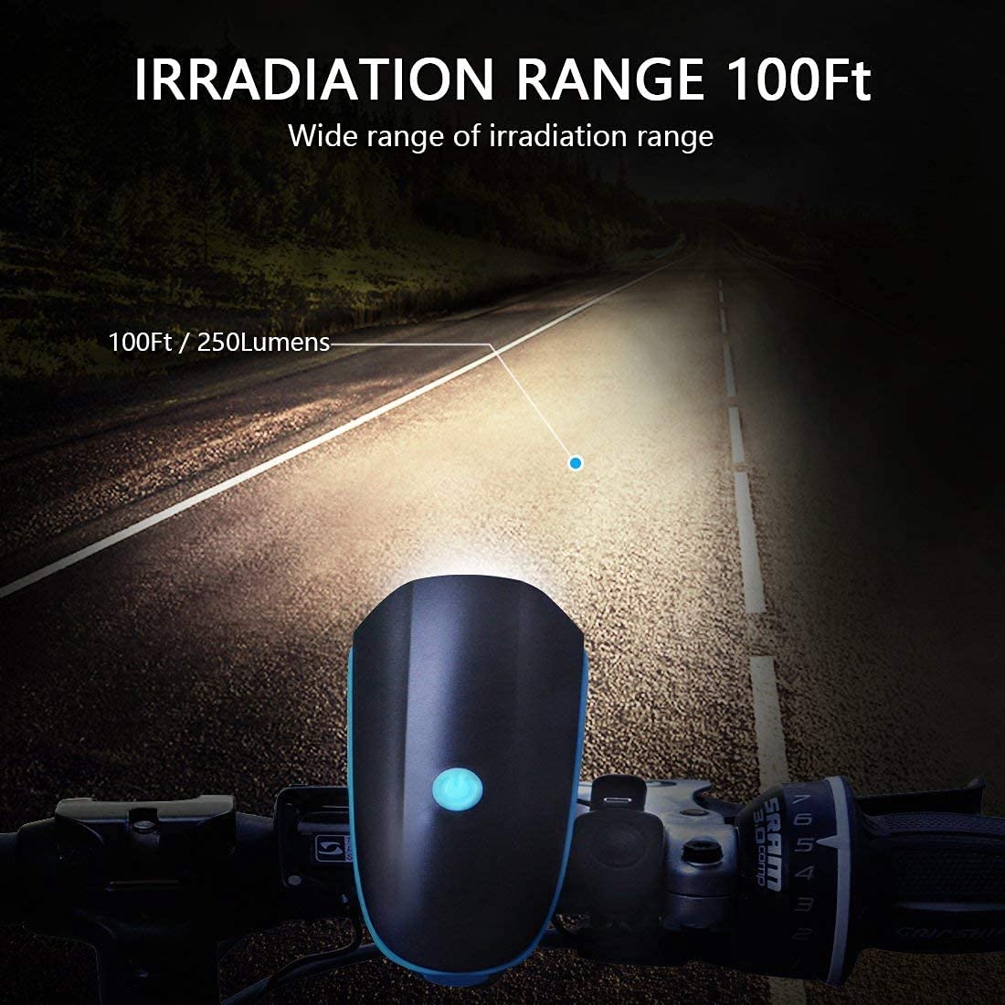 "Close-up of LED cycle light with USB port and charge indicator"

