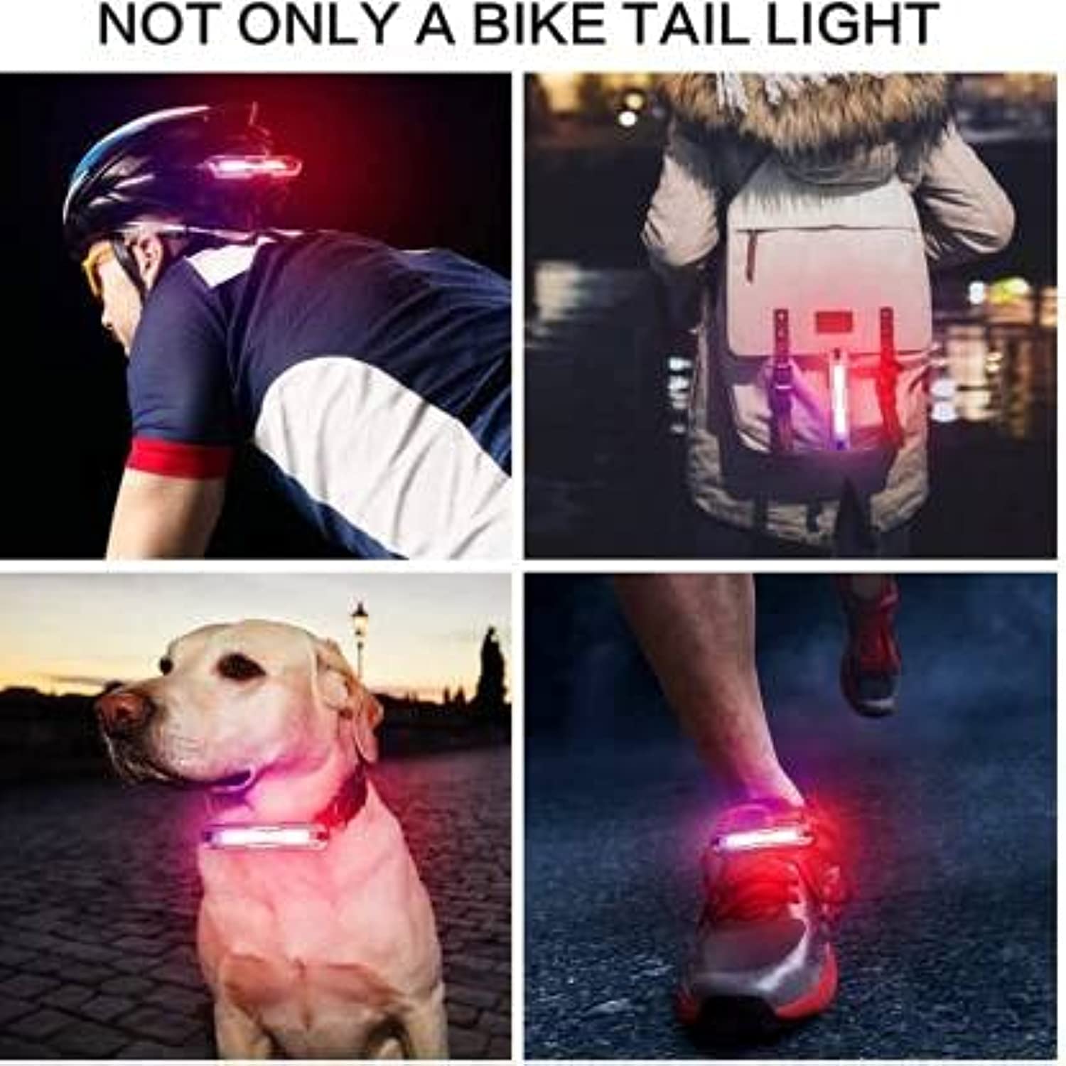 Multifunctional USB rechargeable tail light used on bicycle helmet, backpack, pet collar, and running shoes – ideal for safety and night visibility