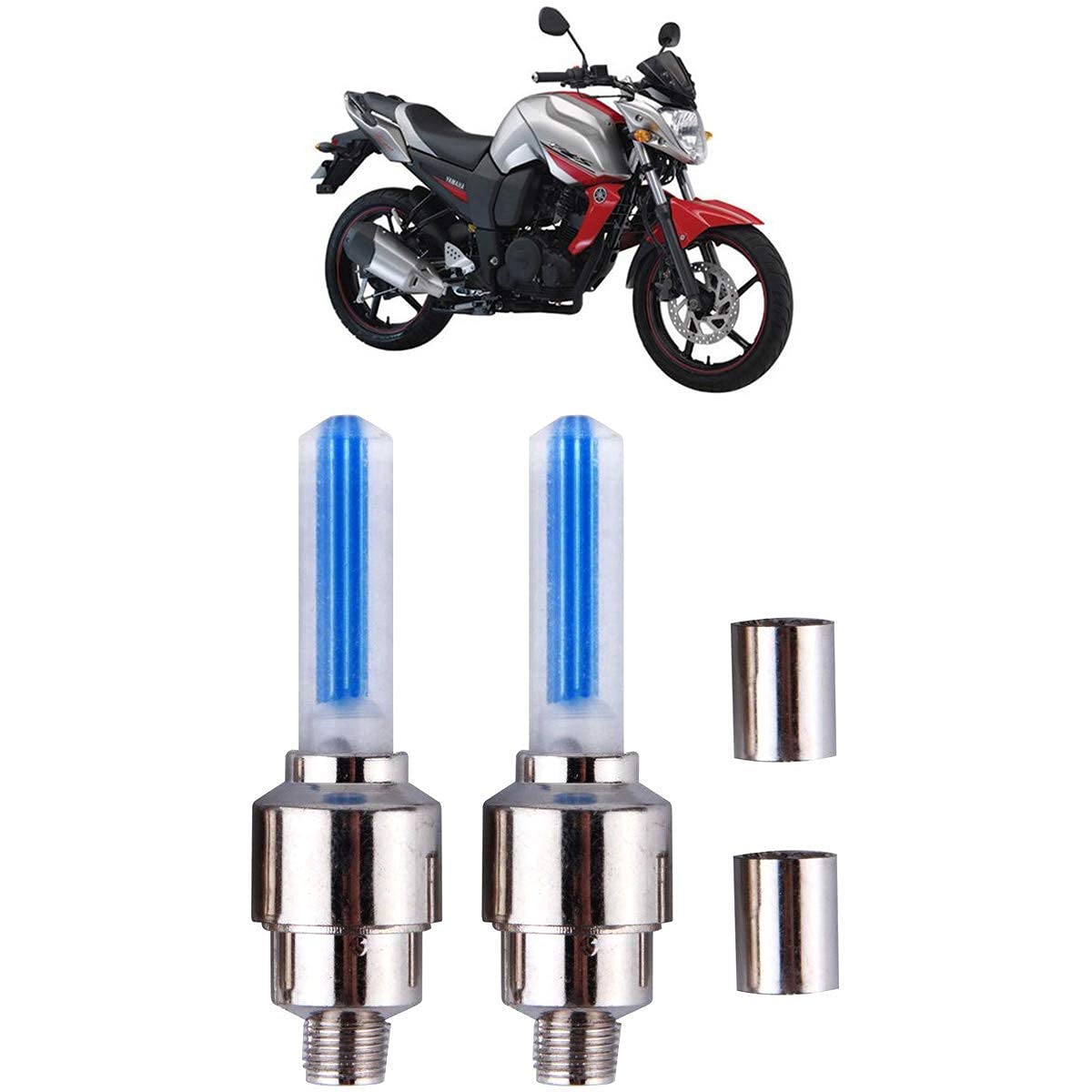 Pair of blue LED valve lights with metal adapters shown alongside a motorcycle – suitable for bike, cycle, and car wheels


