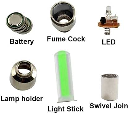 Collection of vaping components including battery, fume cock, LED, lamp holder, light stick, and swivel join on a white background.