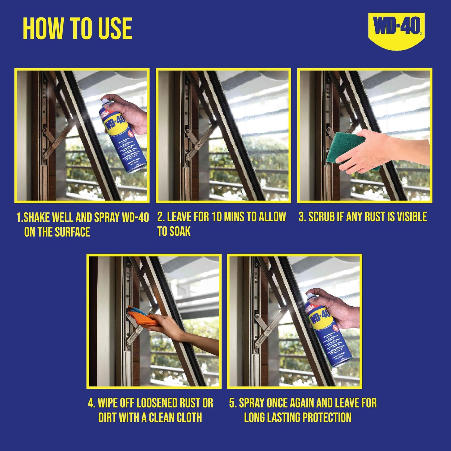WD-40 how to use for cycle chain cleaning: spray, soak, scrub, wipe and protect in 5 steps