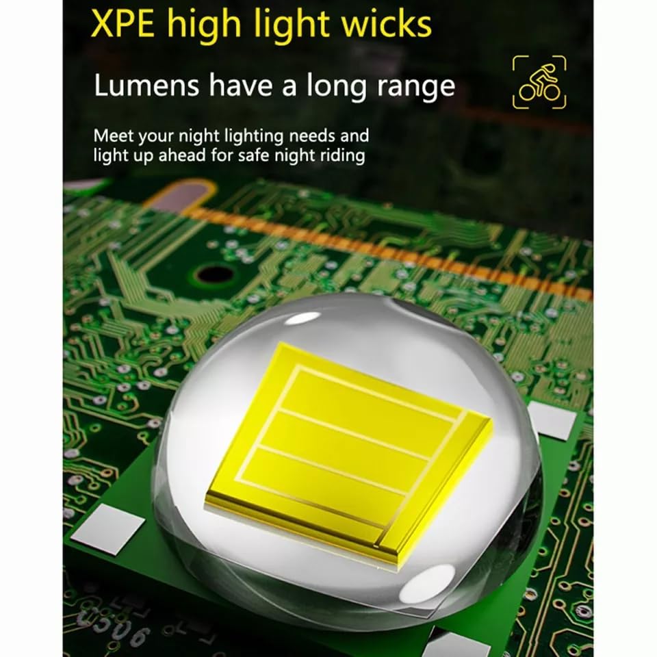 Close-up of an XPE high light wick LED on a green circuit board with text promoting long-range night lighting for bicycles.